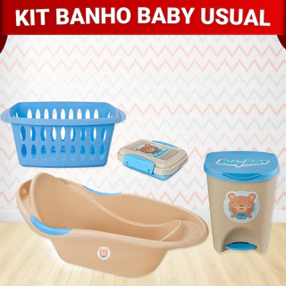 Kit Banho Infantil Completo Banheira Cesto Lixeira c/ Tampa e Pedal Saboneteira c/ Trava Bebê