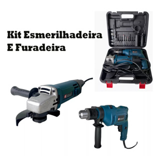 Kit Furadeira de Impacto e Parafusadeira 800w + Lixadeira Esmerilhadeira Angular C/ Maleta e Acessórios Azul ou Amarelo