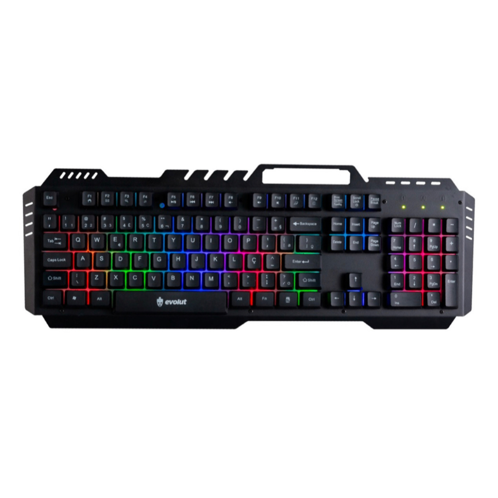 Teclado Gamer Evolut Kaos Eg-210 Suporte Para Smartphone Celular Qwerty Português Brasil Metalizado Led Rainbow