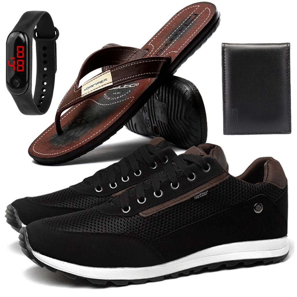 Kit Tênis Casual Jogger Masculino Com Chinelo Relogio Digital e Carteira