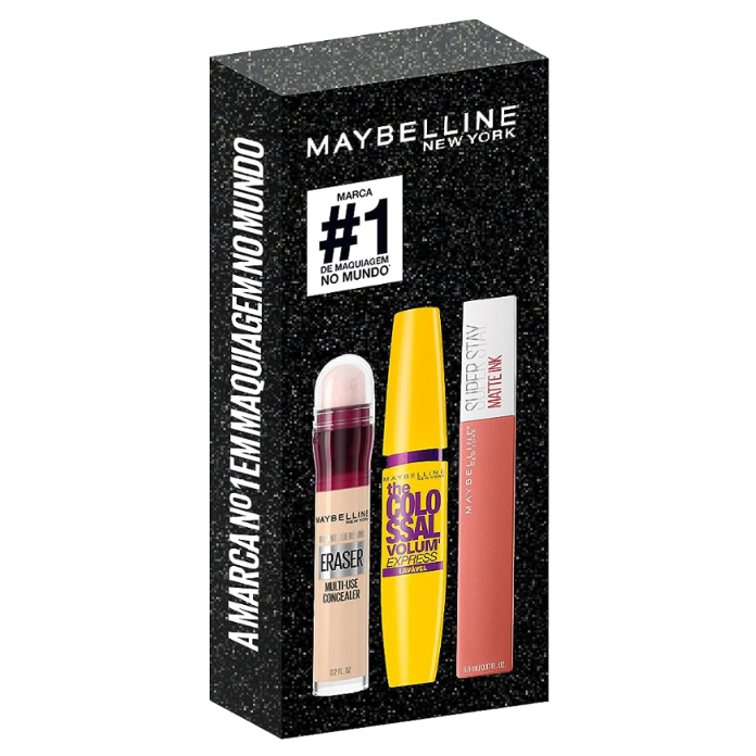 KIT Queridinhos Maybelline NY Batom Líquido Matte ink 65 Seductress + Máscara de Cílios Colossal Lavável + Corretivo Eraser