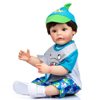 Bebê Boneca Reborn Silicone Menino Olhos Castanhos Cabelo Curto Roupas Sapo  48cm