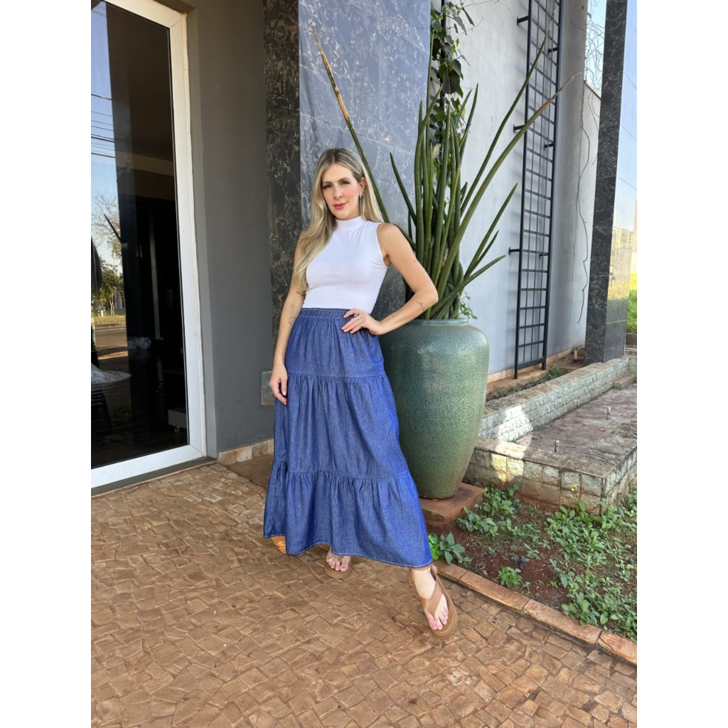 Saia Jeans Longa Combina Com Que Blusa Saia Jeans Longa Três