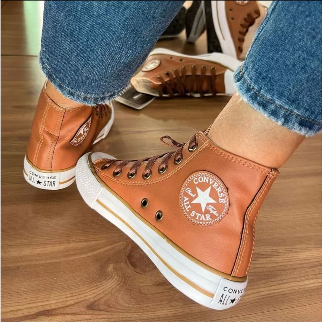 Tênis Feminino Masculino Converse All Star Couro Caramelo Cano Alto ...