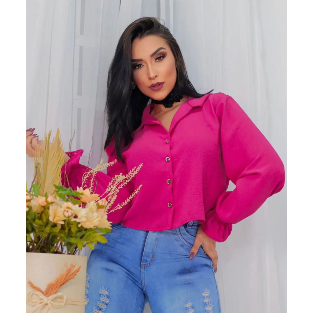 Cropped Camisa Manga Longa Duna Social Botões Tendencia | Shopee Brasil