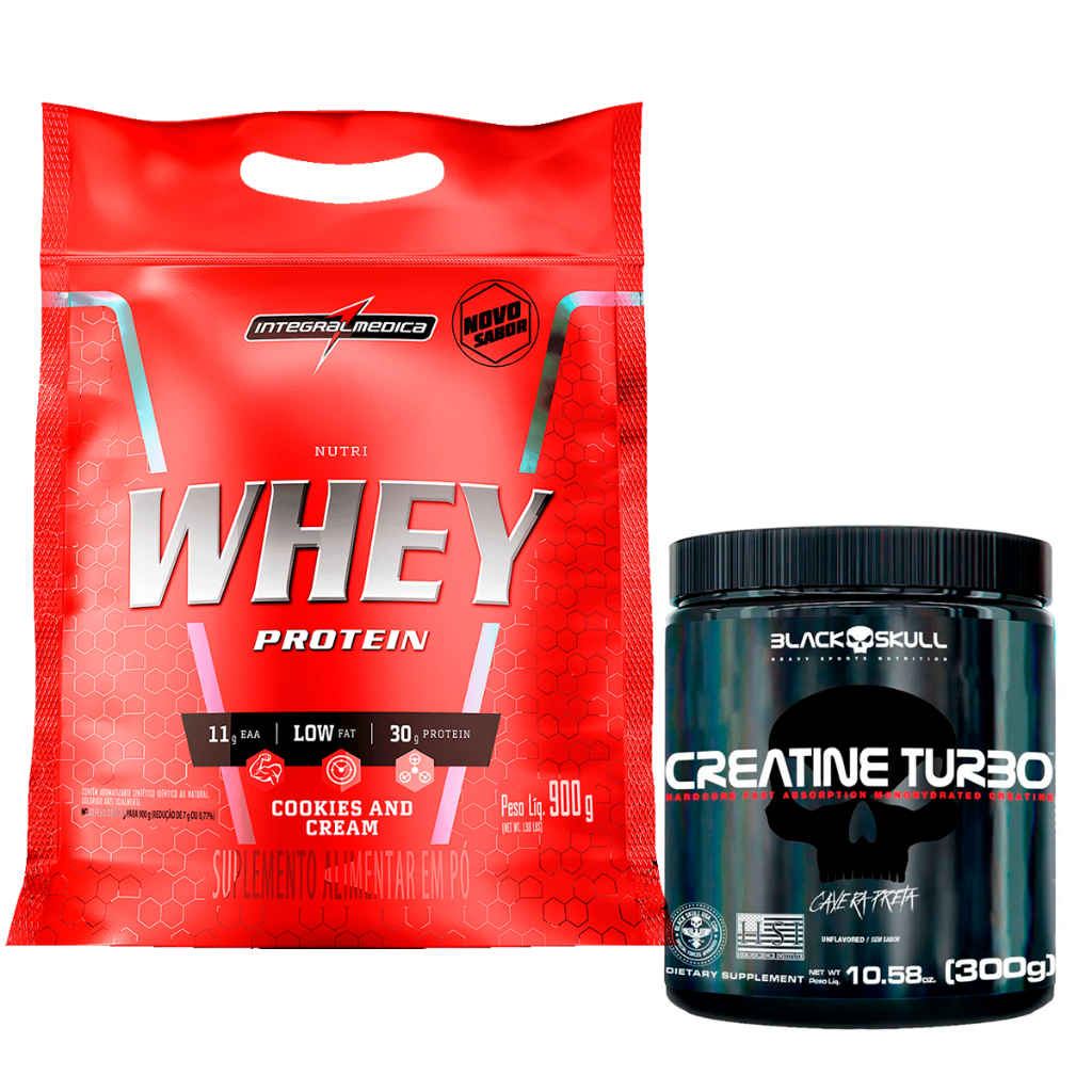 Nutri Whey Protein Isolado e Concentrado 900g Integralmédica + Creatina Turbo Monohidratada 300g Black Skull