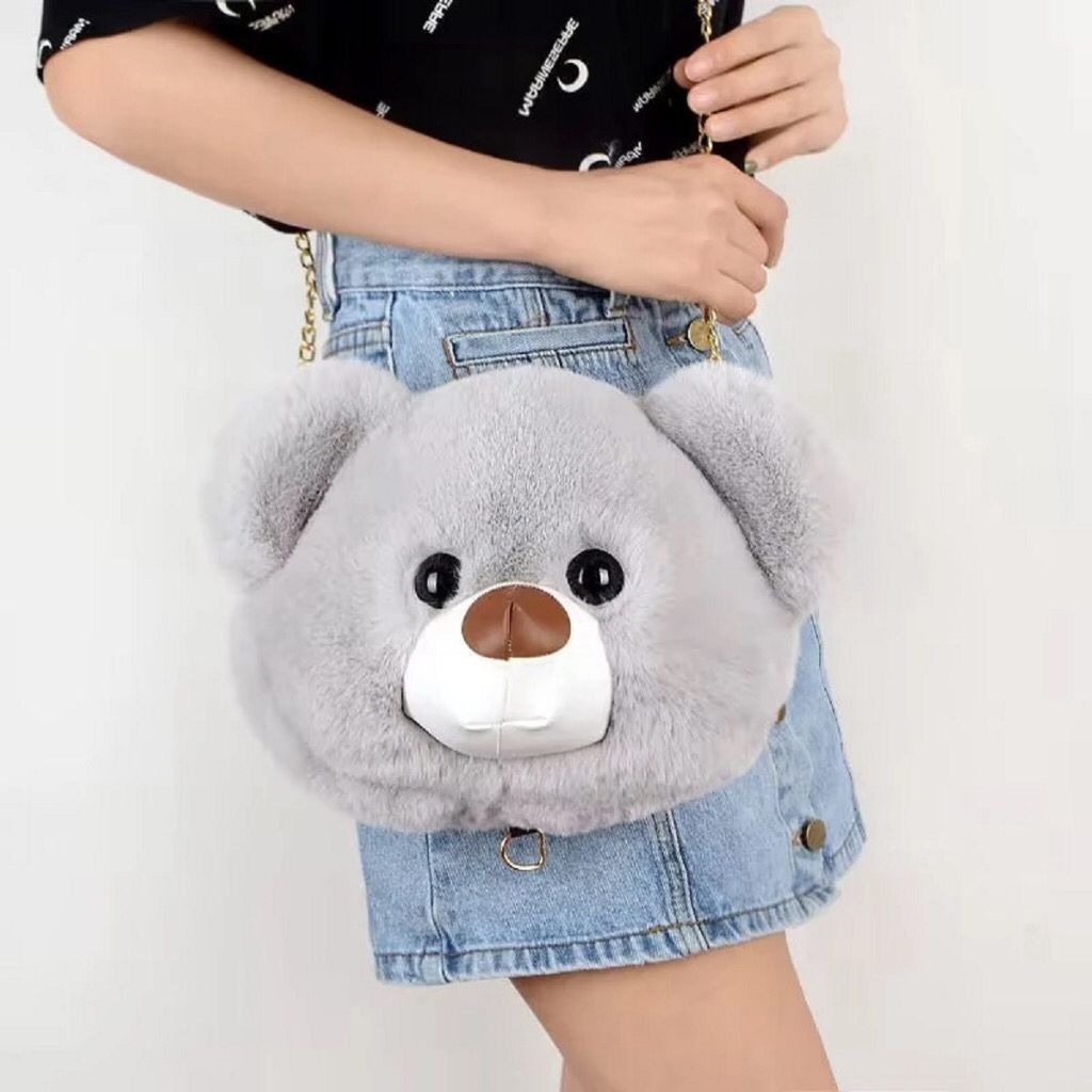 Bolsa e mochila urso pelúcia com alça corrente Rosto Ursinho fofa menina