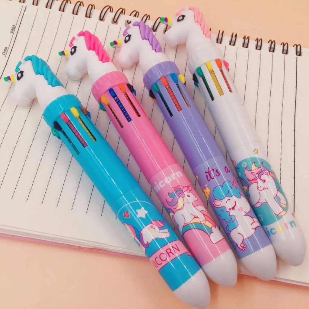 KIT 3 Caneta 10 Cores 3D +Gráfico UNICORNIO 10Em1 Caneta de Esferográfica Papelaria/Escritório/Escola