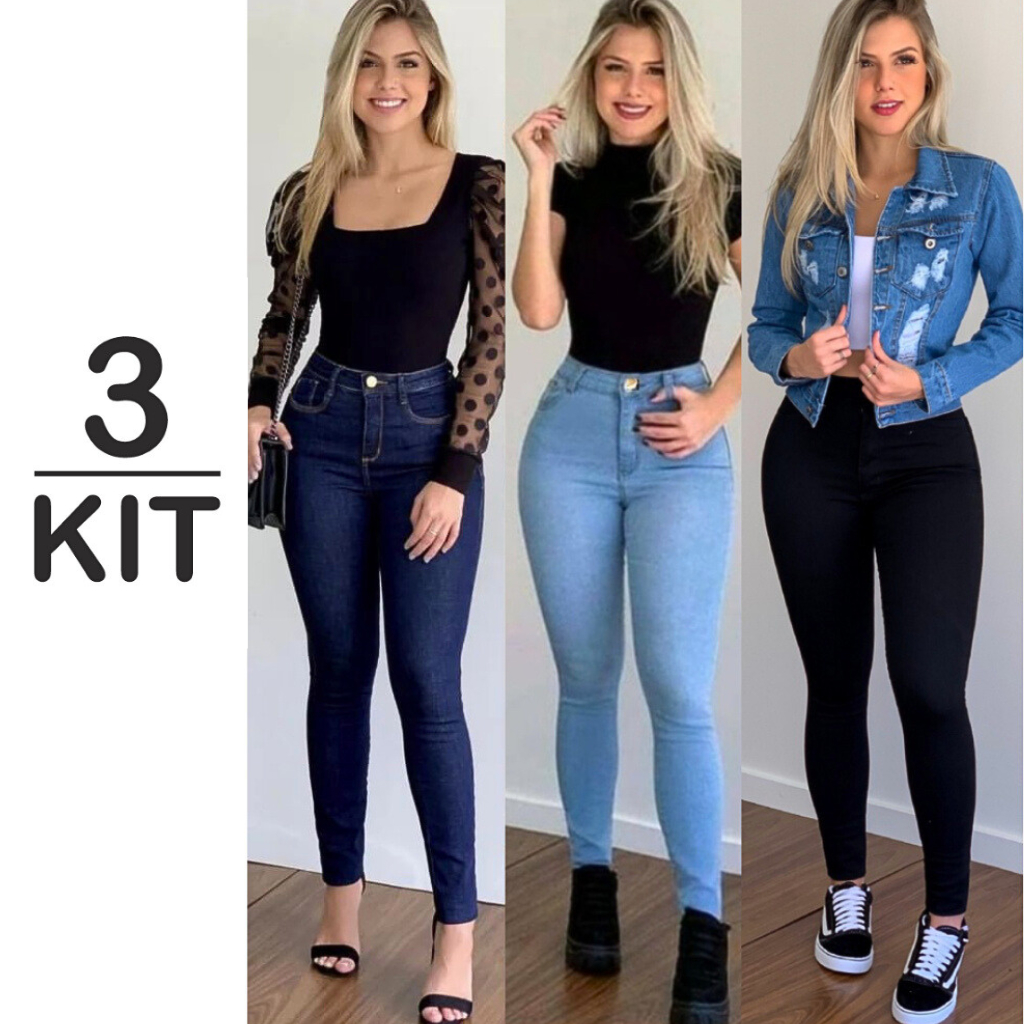 Kit 3 Calça Jeans Feminina Com Elastano Skinny Levanta Bumbum Cintura Alta