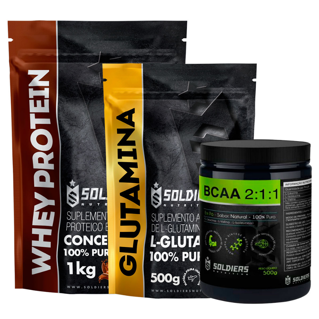 Kit: Whey Protein Concentrado 3Kg + Glutamina 500g + BCAA Em Pó 500g – 100% Importado – Soldiers Nutrition