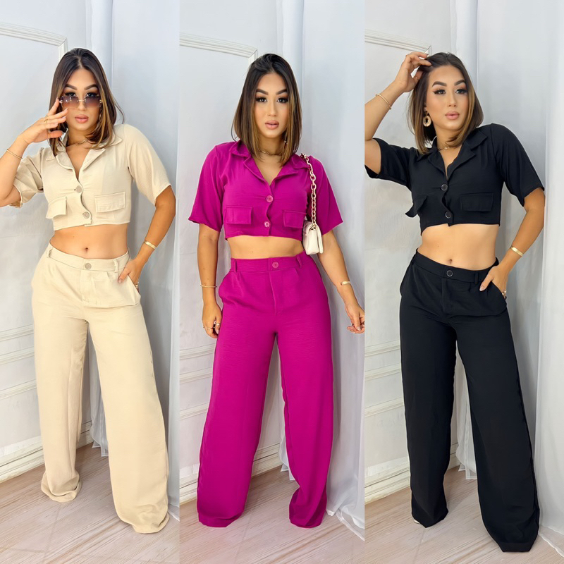 Conjunto Elisa Calça Feminina Pantalona e Cropped em Linho com zíper  frontal super tendência outono inverno 2023 moda blogueira