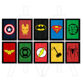 Kit Quadros Decorativos Mosaico 10 Peças Super Heróis Marvel Capitão América Homem de Ferro Batman Super Man Hulk Mulher Maravilha Lanterna Verde Flash Home Aranha Thor Painel Quarto Infantil Criança Dc