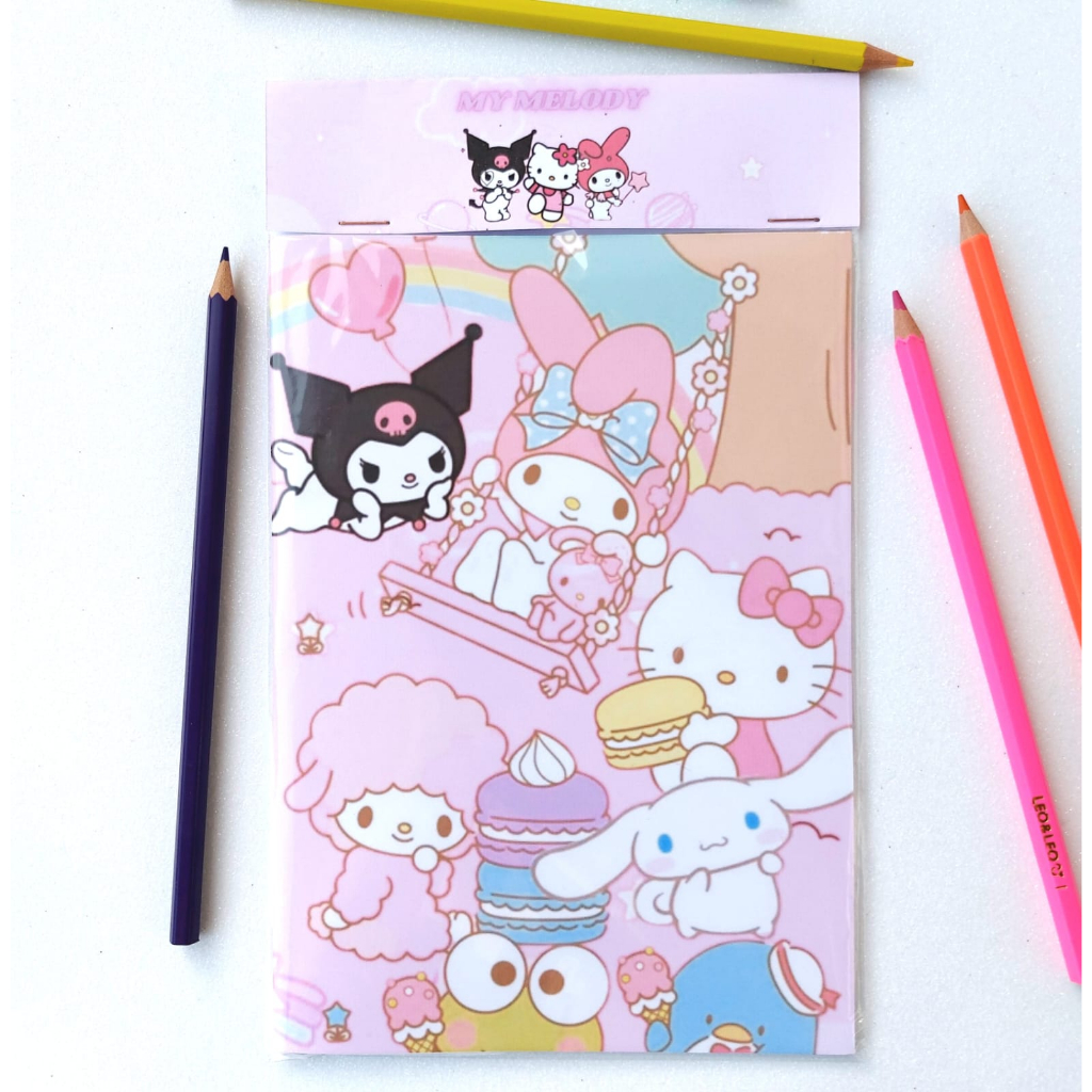 Uma página para colorir com um hello kitty e outros personagens