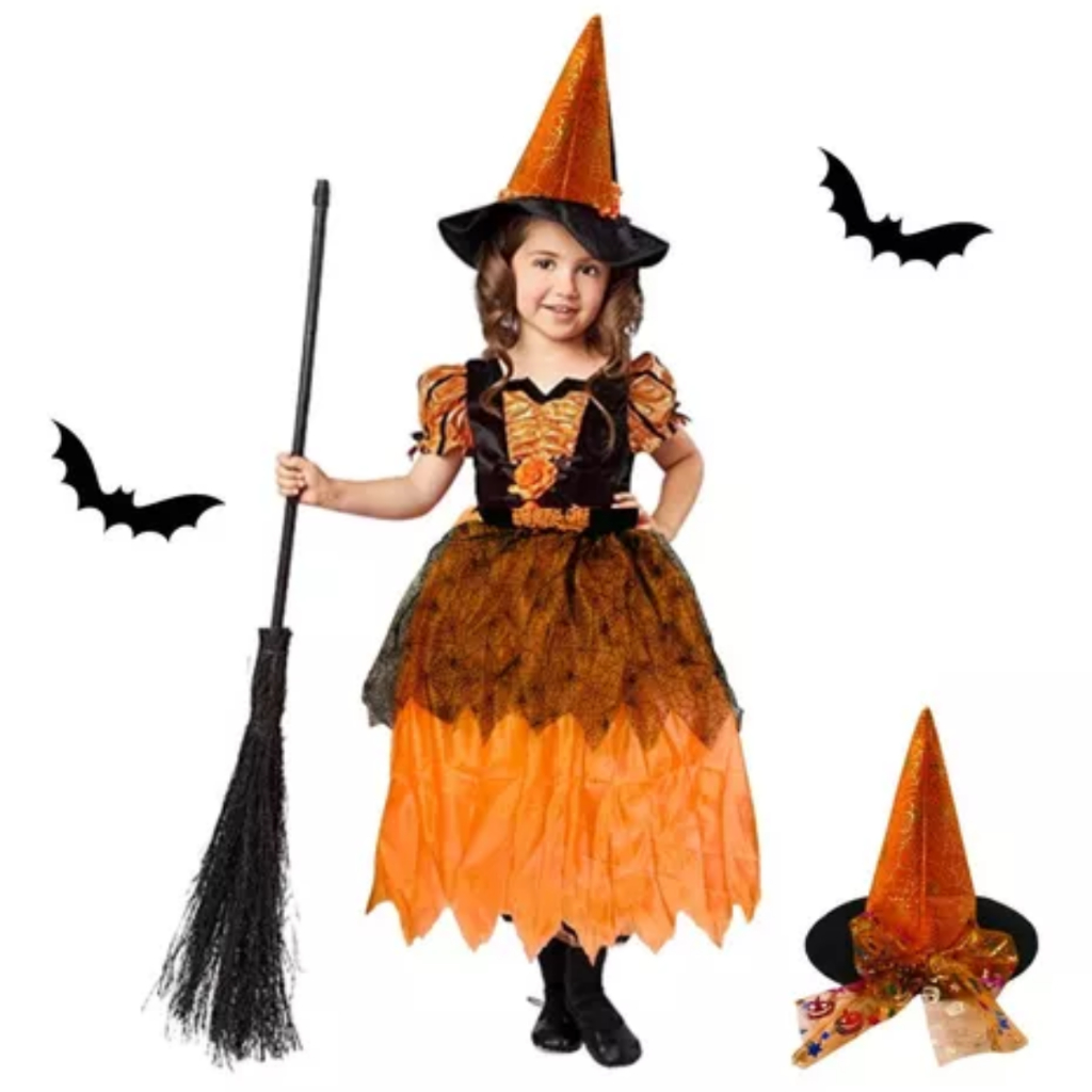 Fantasia Menina Infantil Festa Halloween Bruxa Laranja Tule