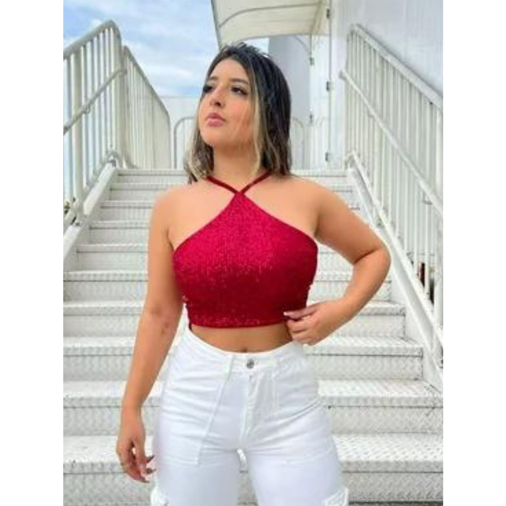 Cropped Paetê Charlotte Pink Brilho Festa Balada Casual | Shopee Brasil
