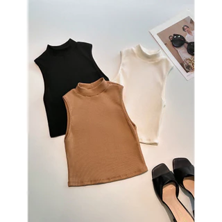 Kit 3pcs Regata Camiseta Basica Ribana Cropped Gola Alta Sem Manga Simples Blusa
