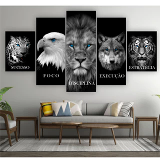 Quadros Decorativos Mosaico 5 peças Motivacional Foco Disciplina Execução Sucesso Estratégia 150x80cm