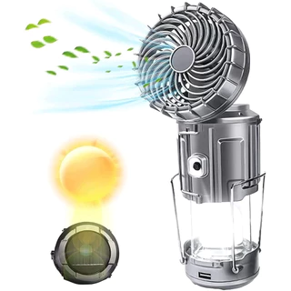 Lampião Lanterna Led Com Ventilador Portátil Recarregável e Carregamento Solar 3 em 1 Acampamento