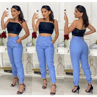 Calça feminina alfaiataria estilo cenoura no linhao com bolso lateral