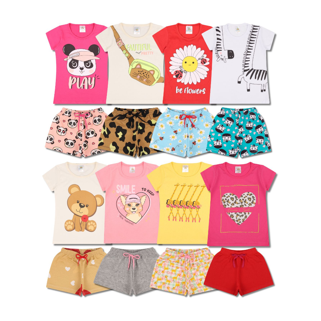 Kit Sortido 12 Peças de Roupas Infantil Menina - 6 Camisetas + 6 Bermudas - Promoção - Kit com 6 Conjuntos de Roupa Infantil Menina Verão Feminino Bebe Barato