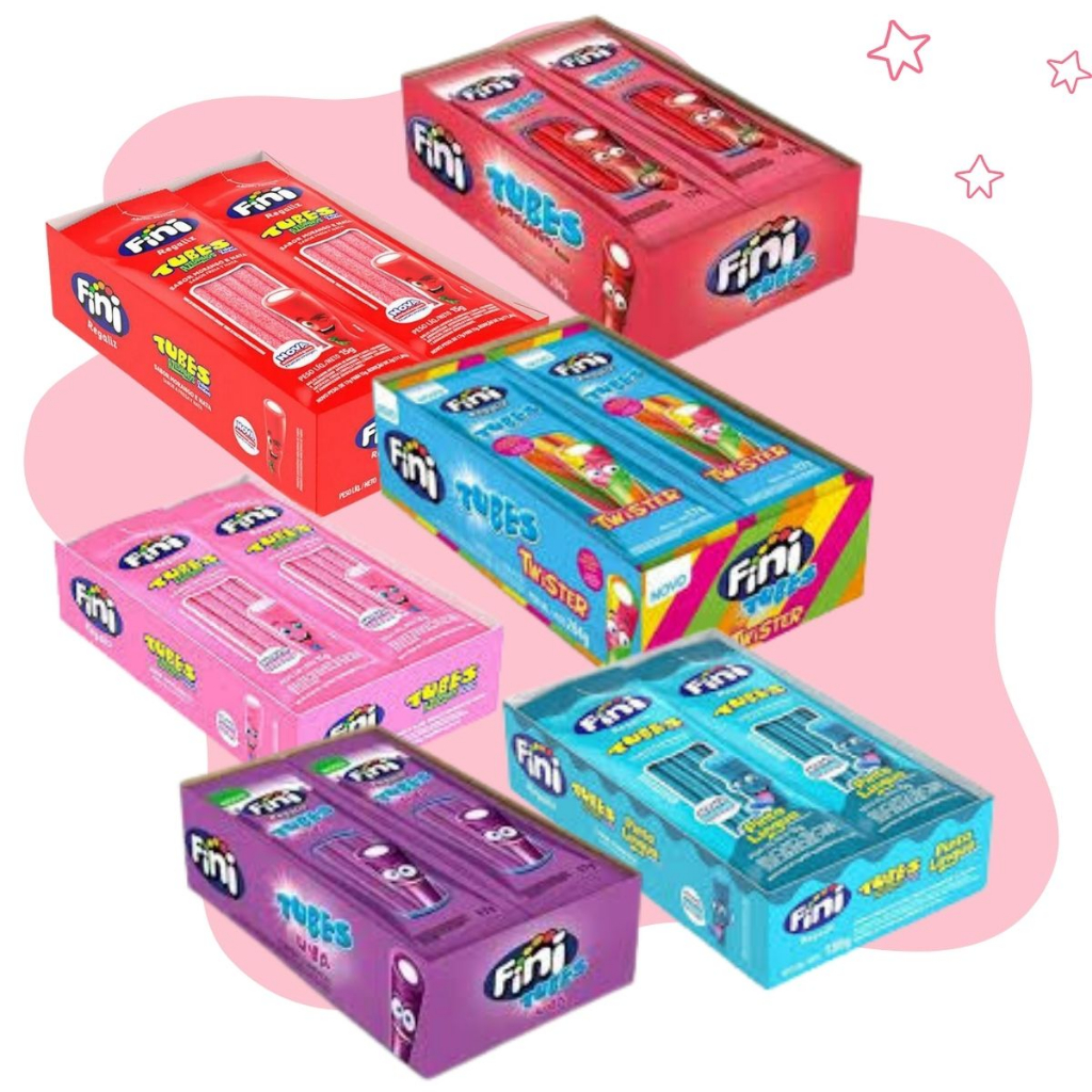 Bala Mini Fini Tubes 12 unidades de 15g Escolha o Sabor | Shopee Brasil