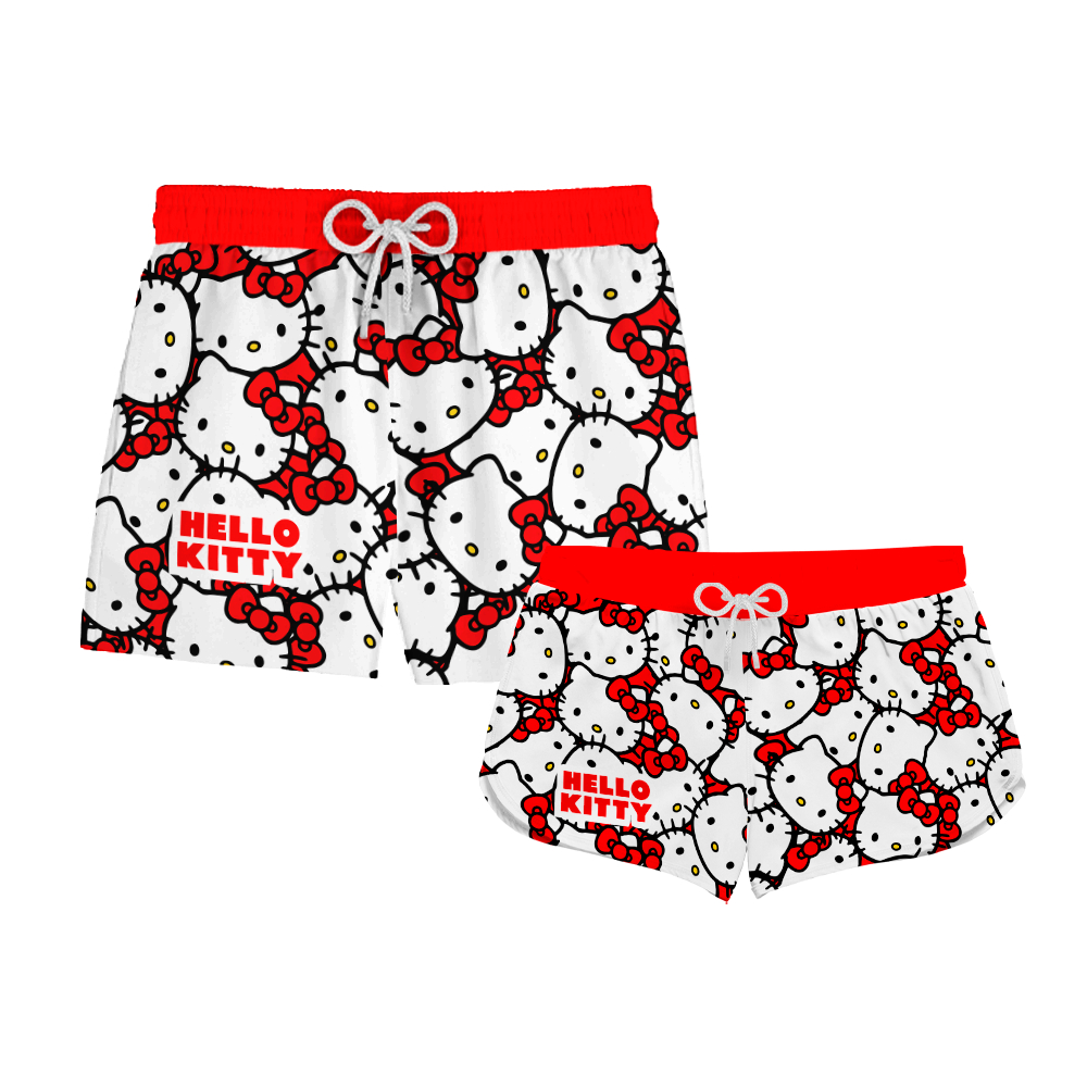 Kit Casal Short Praia Hello Kitty Gatinha Vermelho REF 0222