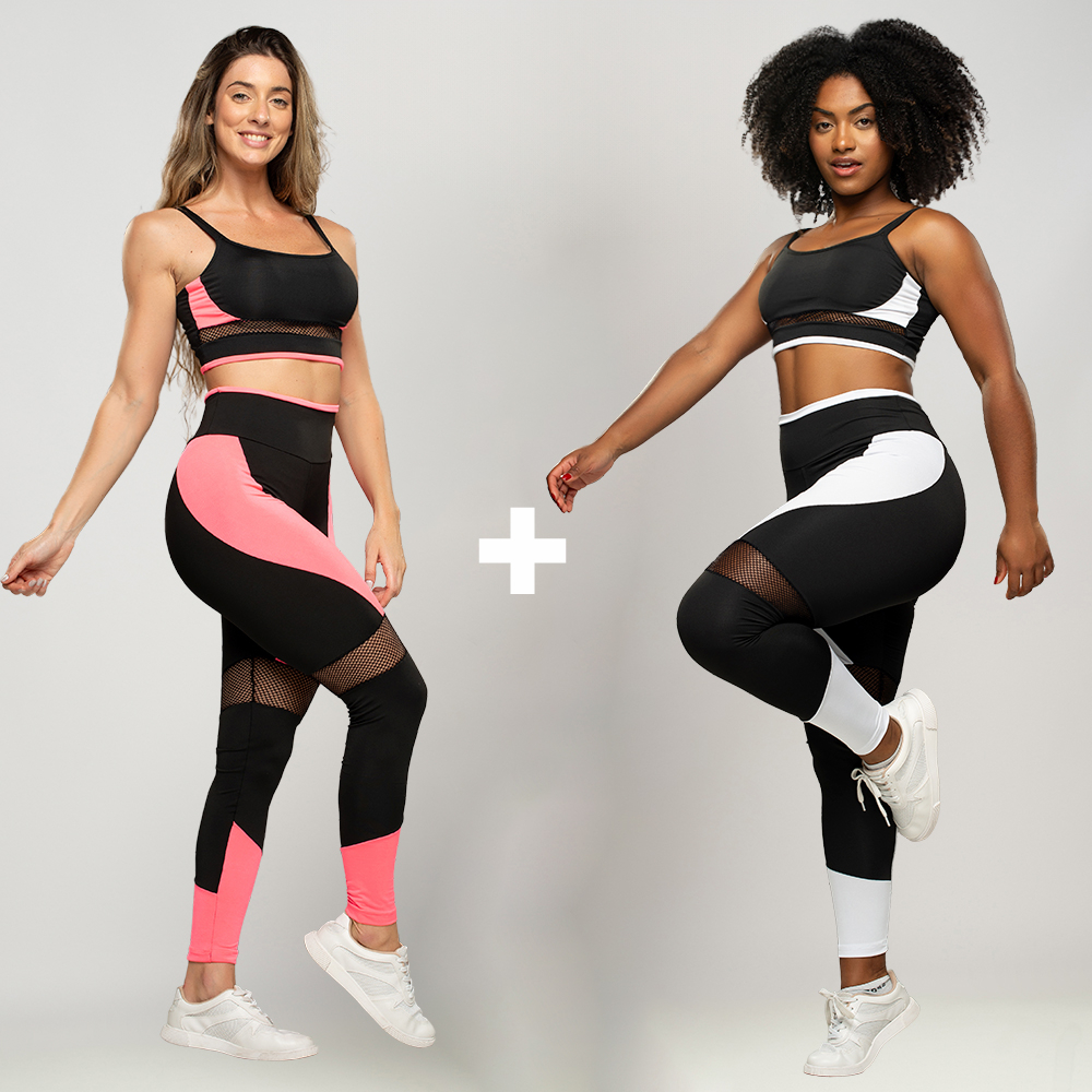 Conjunto Fitness Top + Calça Legging Feminino com Detalhe em Tela