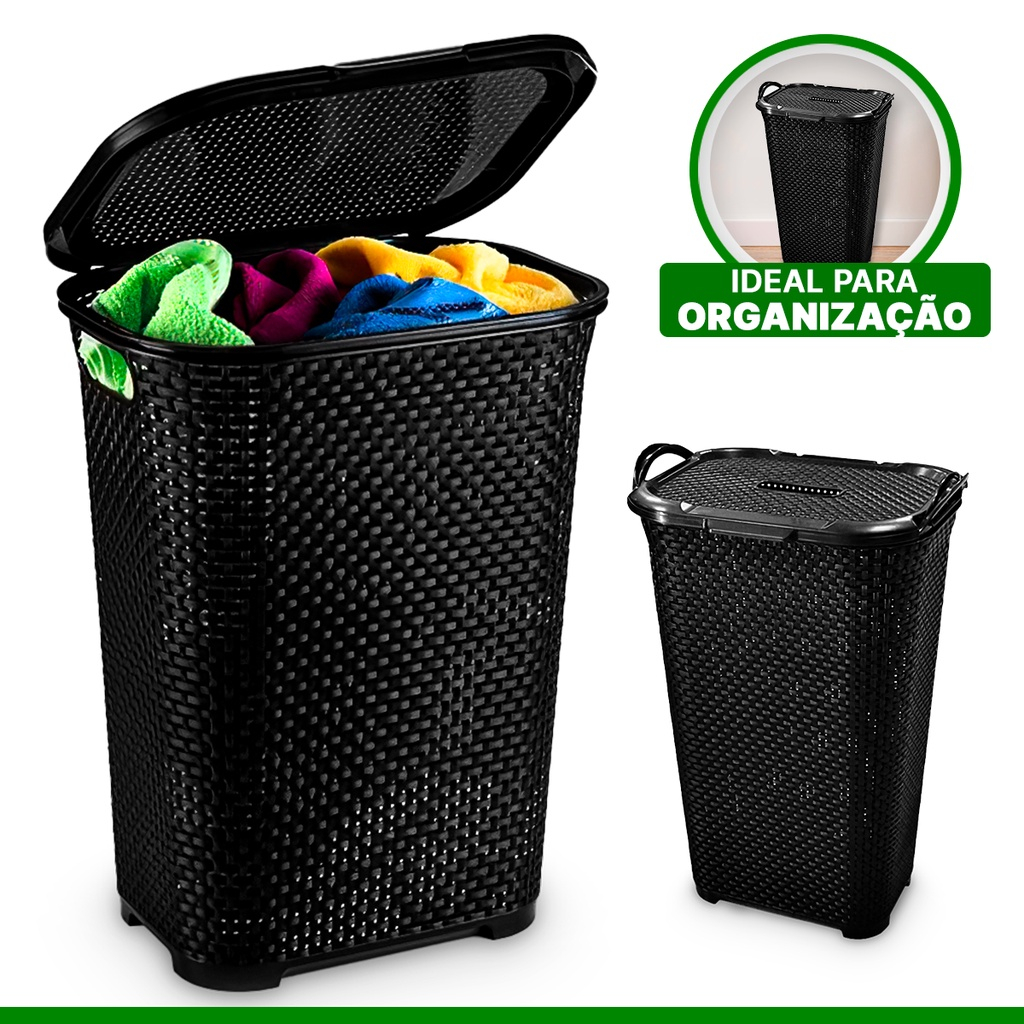 Cesto de Roupa Suja Rattan Grande 50 Litros Com Tampa Basculada Preto ...