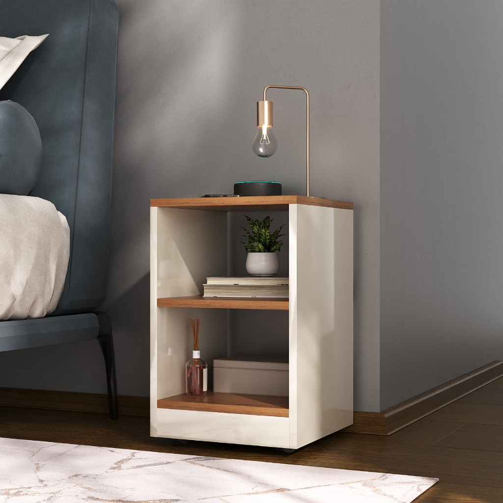 Mesa de Cabeceira Criado Compacto Quarto Retrô com Rodizios Decor - SHARK MOVEIS