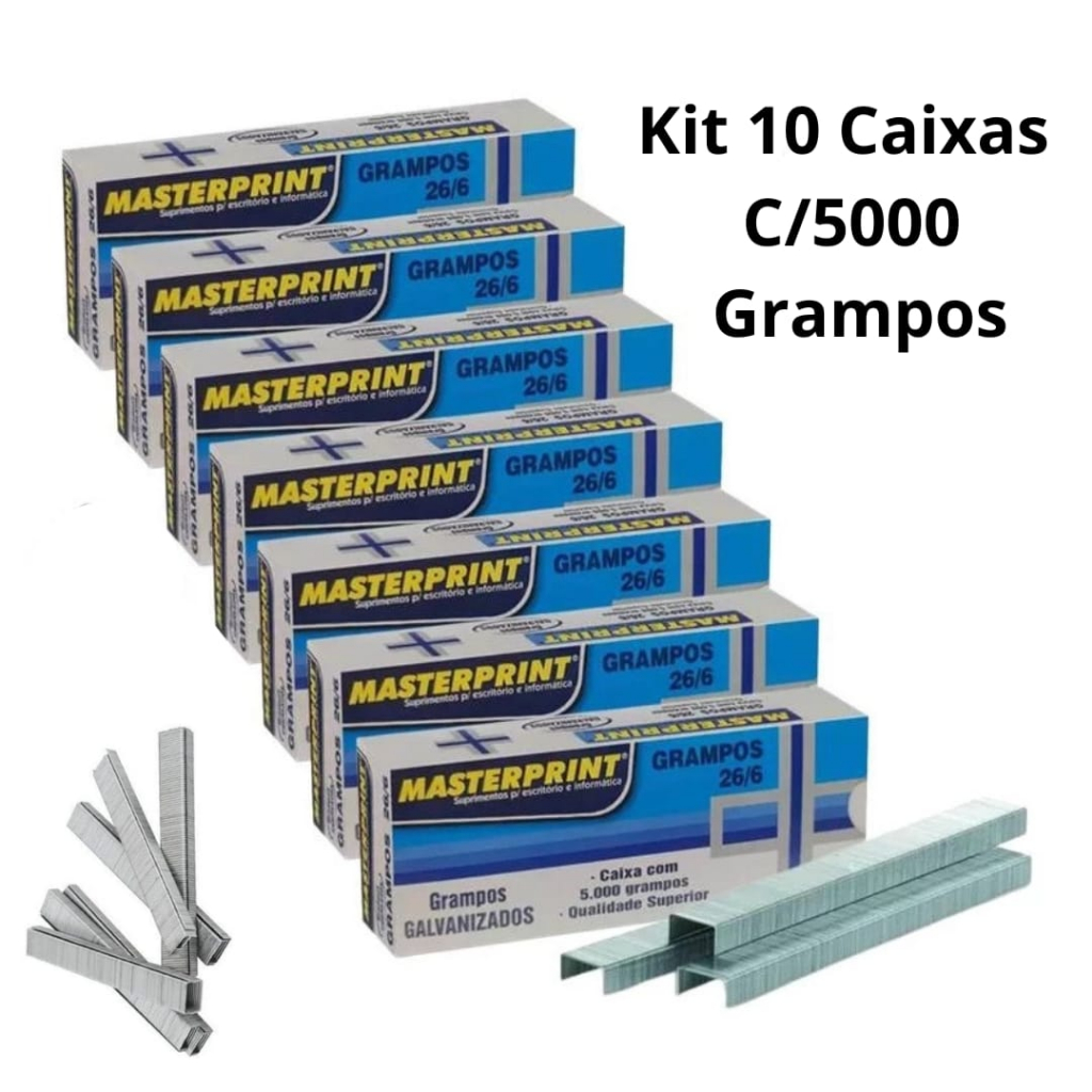Kit 10 Caixas Grampos 26/6 Galvanizados C/5000 Unidades Metal para Grampeador Masterprint
