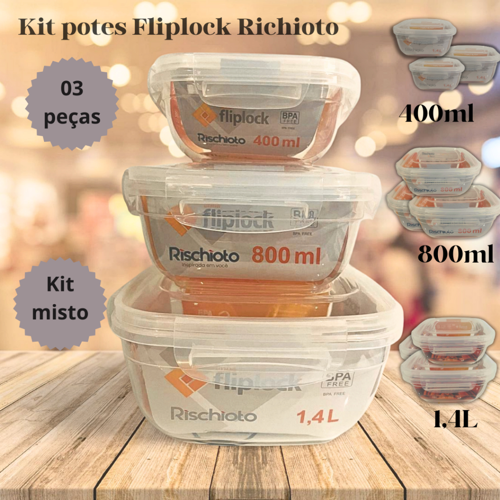 kit 3 potes c/ travas quadrados plástico linha fliplpck Rischioto misto/400ml/800ml/1,4l