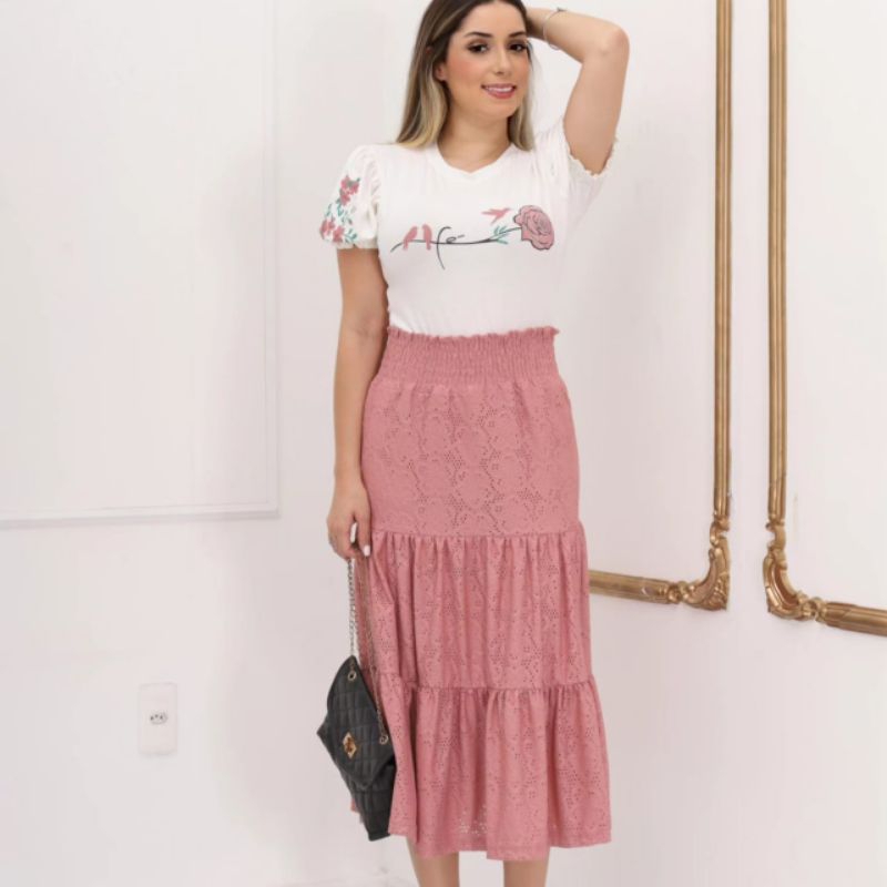 conjunto feminina blusa e saia lese manga curto | Shopee Brasil