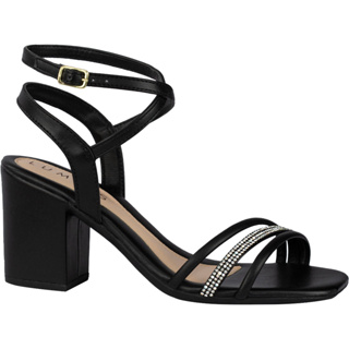 Sandália Feminina Tiras Strass Brilho Cristal Salto Grosso Médio Confortável Moda Saltinho Fashion Comfort Macia