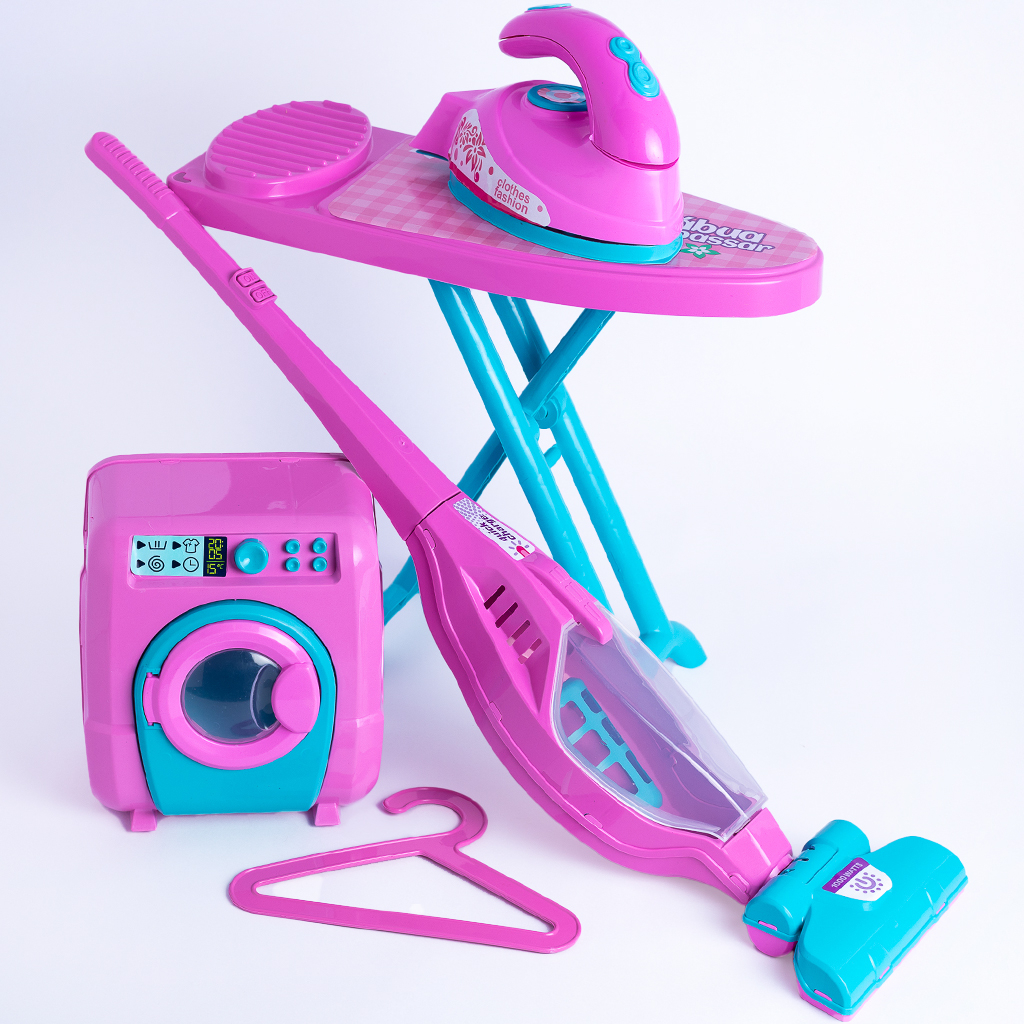 Kit 5 Brinquedos Eletrodomésticos Infantil Faz de Conta Rosa de Menina - Aspirador de Pó, Ferro de Passar e Tabua, Lava e Seca