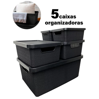 Kit 5 Caixas Organizadoras Preta Pequena Média Grande Jutta