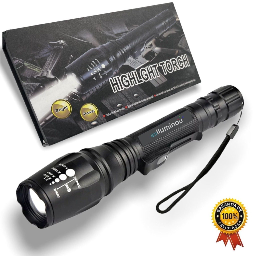 Lanterna T6 16500w 460000 Lumens Militar Zoom Recarregável LED 20cm Com Duas Baterias Com Carregador A Prova Dagua