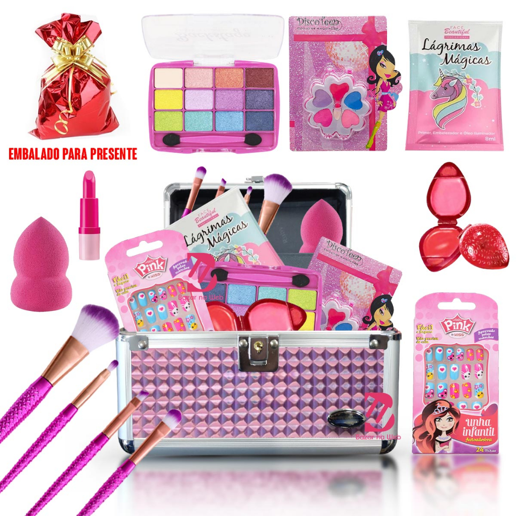 Maleta de Maquiagem Infantil Completa Meu primeiro Kit de Maquiagem ...