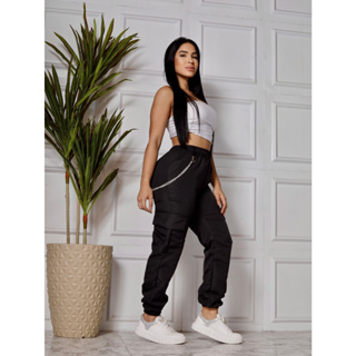 Calça Cargo Jogger Feminina TACTEL com suspensório e bolsos