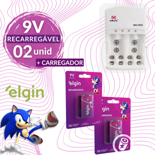 Kit 2 Baterias Recarregável 9v Elgin + Carregador Auto Stop