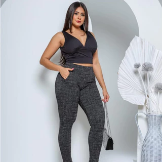 Calça skine feminina cintura alta malha jacard tecido macio com bolso