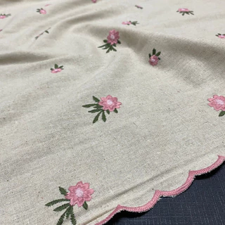 Tecido Linho Natural Bordado Florzinhas Rosa 1,50x1,00m Para Vestidos Feminos