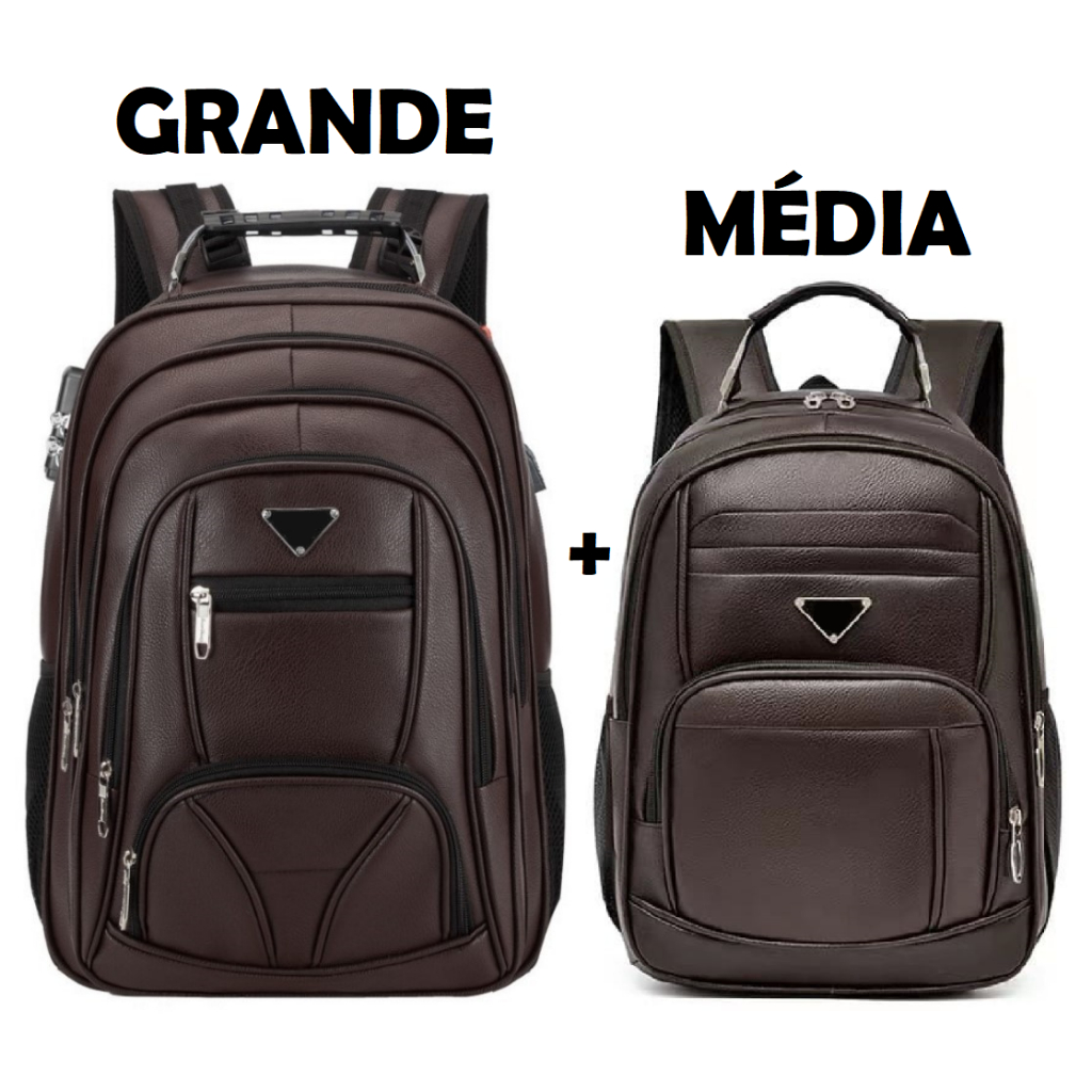Kit 02 Mochilas Bolsa de Couro Média e Grande Unissex Trabalho Viagem Marrom