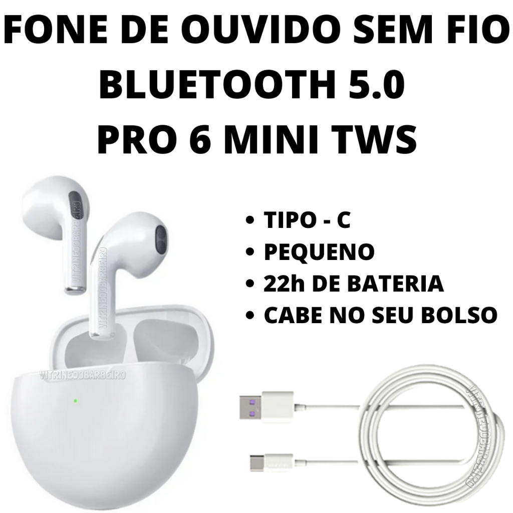 Fone Bluetooth TWS PRO 6 Branco sem Fio 5.0