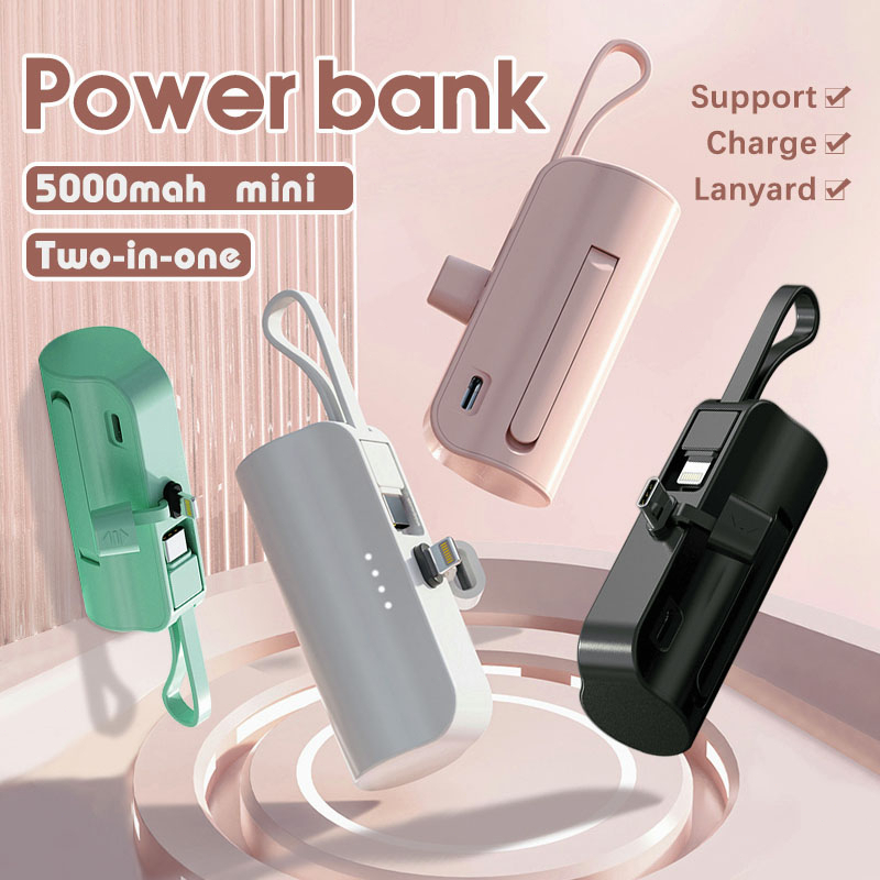 Mini Power Bank 5000mAh Bateria Auxiliar Sem Fio 2em1 Carregador Portátil para iPhone e Tipo-C