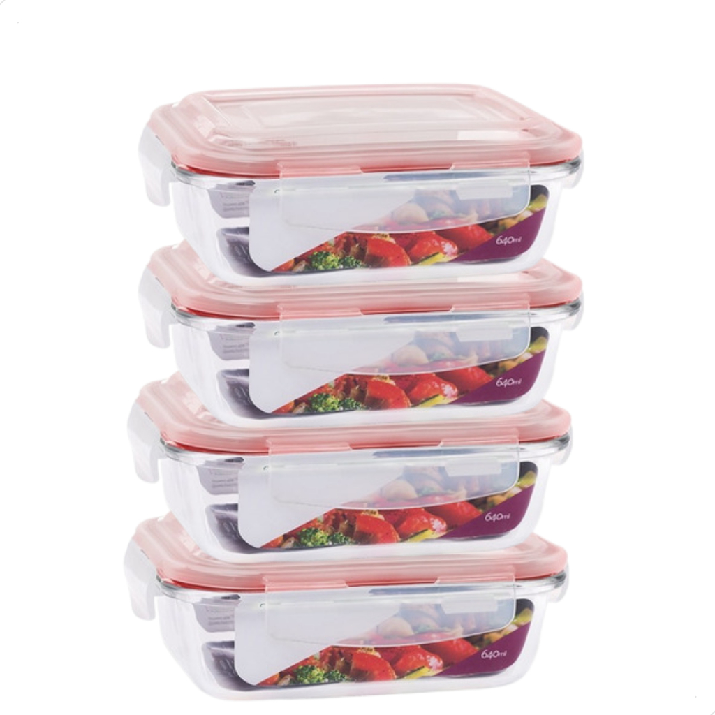 Conjunto Kit 4 Potes Herméticos de Vidro Marmita Fitness Retangular 640 ml