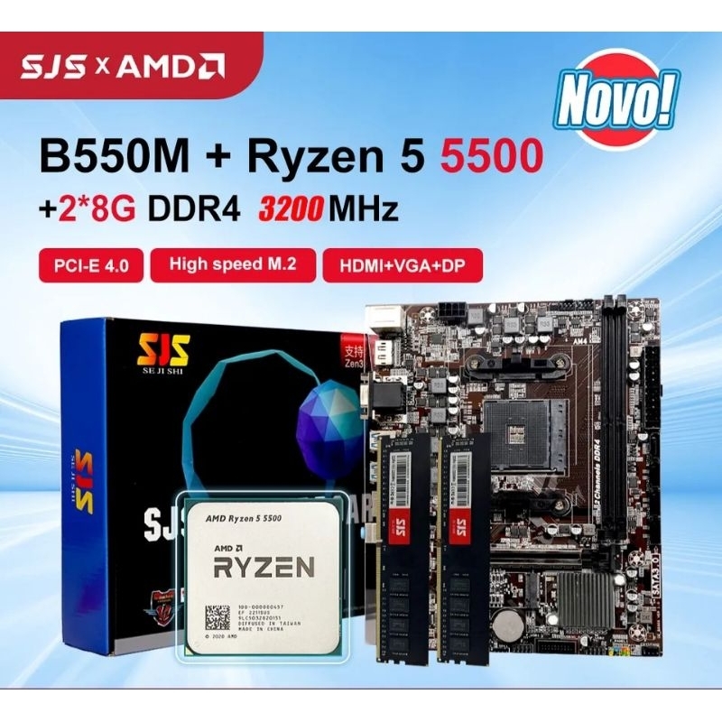 Kit para Placa-Mãe SJS B550M, AMD R5 5500, CPURyzen 5, Novo DDR4, 16 GB, 8 GB x 2, Soquete de RAM3200 MHz, Micro-ATX AM4