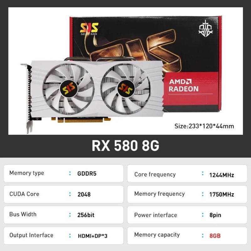 Placa gráfica de vídeo SJS para jogos, Radeon RX580,8GB, 256Bit, 2048SP, GDDR5, AMD GPU, 8GB,
mineração