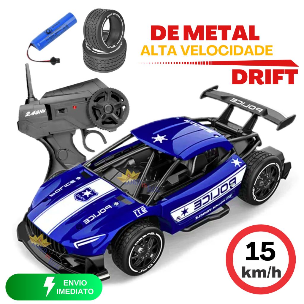 Carro de Controle Remoto Recarregável de Metal Realista 4 Funções Veloz Drift Polícia