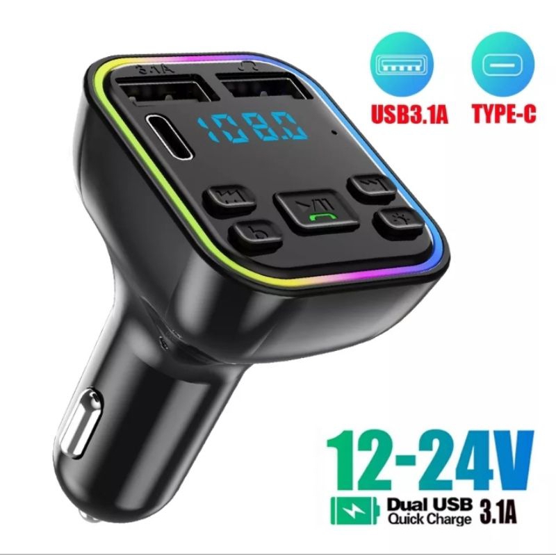 Transmissor bluetooth 5.0 para rádio do carro, único com led colorido com escolha de cor, mãos livres, carregador USB duplo tipo C