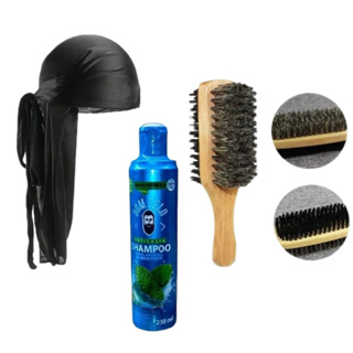 Kit Waves Bandana Durag Escova Dupla Cerdas de Javali Shampoo Anticaspa